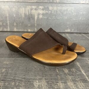 Aztec Brown Leather Toe Ring Wedge Sandals Womens 8 Boho Comfort Slide